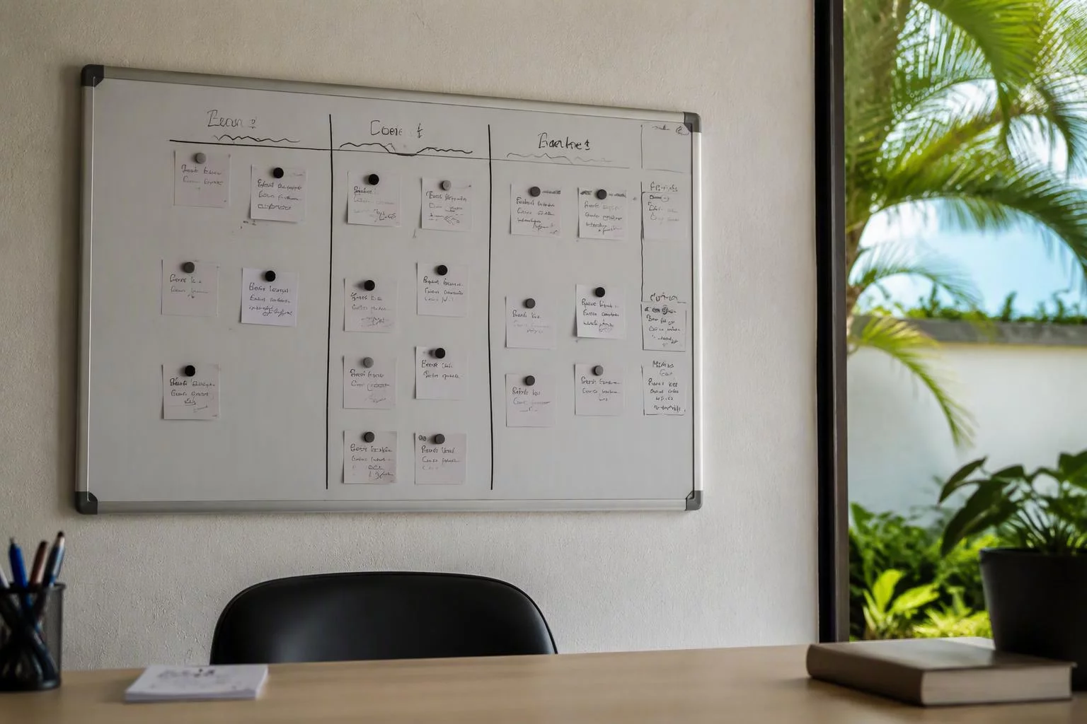 Quadro branco com a fila de tarefas dividida por responsável